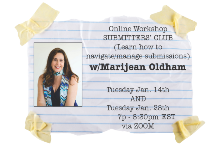 An image of notebook paper with A reason to Write Workshop information for the Online Workshop Submitters Club with Marijean Oldham