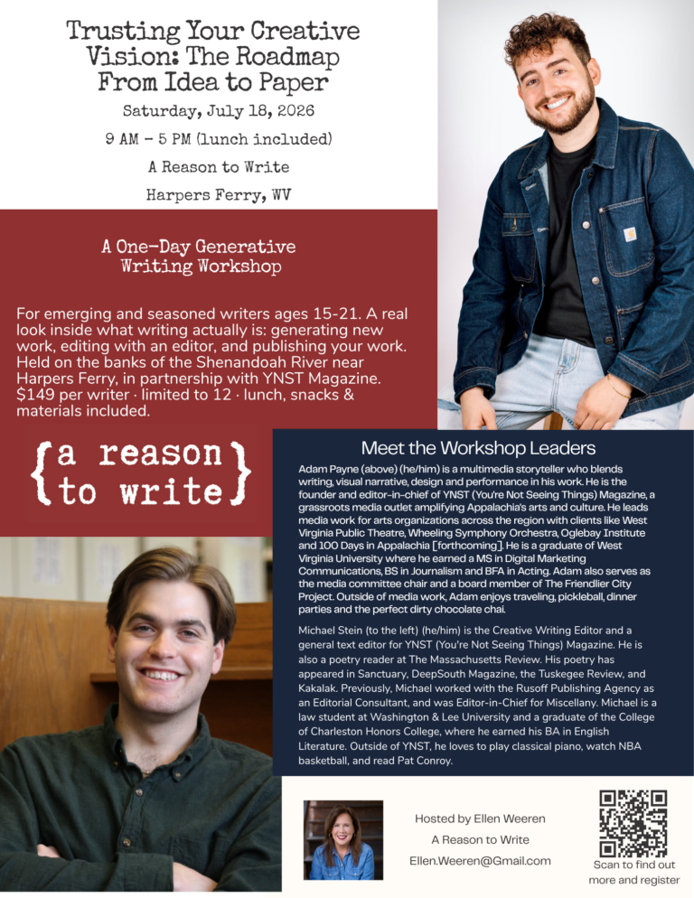 A Reason to Write In-person one-day workshop flyer for Trusting your creative Vision: The Roadmap From Idea to Paper. In-Person, One-day Workshop with Adam Payne & Michael Stein