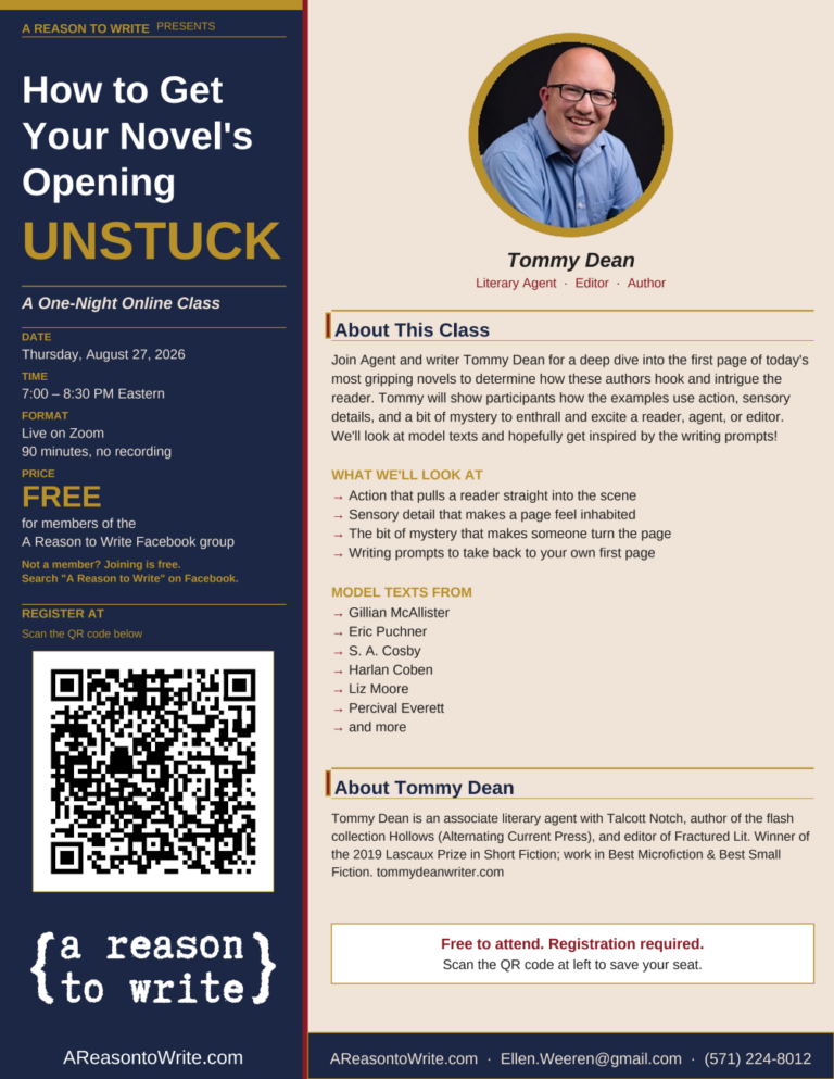How to Get Your Novel's First Page UNSTUCK workshop with Tommy Dean, Literary Agent, Editor, Author